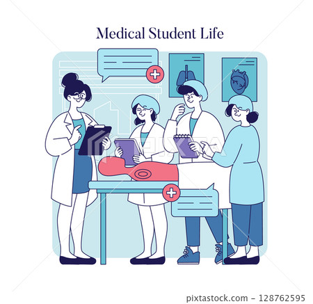 Medical Student Life illustrates the collaborative energy of medical students engaged in learning. They discuss cases, take notes, and practice skills around a simulated patient. This scene captures Medical Student Life illustrates the collaborative energy of medical students engaged in learning. They discuss cases, take notes, and practice skills around a simulated patient. This scene captures 128762595