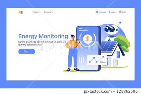 Vector illustration of energy monitoring with a woman using a smartphone beside a large screen displaying power statistics. Includes solar panels and an AI robot. Vector illustration of energy monitoring with a woman using a smartphone beside a large screen displaying power statistics. Includes solar panels and an AI robot. 128762596