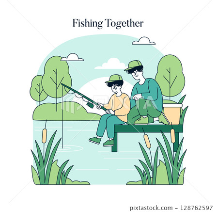 Father and children enjoying fishing together by a serene lake, surrounded by lush greenery in a peaceful setting. 128762597
