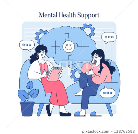 Mental health support scene featuring a healthcare professional engaged in a conversation with a client. The setting promotes well-being, communication, and understanding in therapy sessions. Vector Mental health support scene featuring a healthcare professional engaged in a conversation with a client. The setting promotes well-being, communication, and understanding in therapy sessions. Vector 128762598