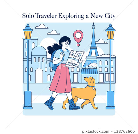 Solo traveler and her dog exploring a new city with a map, featuring iconic landmarks. Solo traveler and her dog exploring a new city with a map, featuring iconic landmarks. 128762600