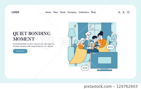 Cozy vector illustration of a family enjoying a quiet night in, bonding over snacks and watching TV. Displaying warm, nurturing family interaction with happy expressions. 128762603