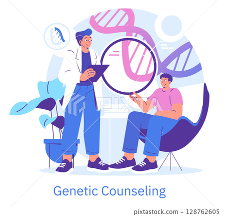 Vector illustration showcasing a genetic counseling session with a professional explaining DNA concepts to a client. The image highlights healthcare and genetic education themes. Vector illustration showcasing a genetic counseling session with a professional explaining DNA concepts to a client. The image highlights healthcare and genetic education themes. 128762605