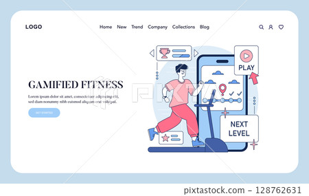 Gamified fitness app illustration shows a person jogging on a treadmill with a digital interface on a smartphone. Motivational elements include play and next level icons, enhancing engagement. Gamified fitness app illustration shows a person jogging on a treadmill with a digital interface on a smartphone. Motivational elements include play and next level icons, enhancing engagement. 128762631