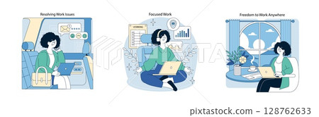 Vector illustration depicting three scenes of remote work settings, showcasing a person working with a laptop in different environments: car, home, and a focused workspace. Vector illustration depicting three scenes of remote work settings, showcasing a person working with a laptop in different environments: car, home, and a focused workspace. 128762633