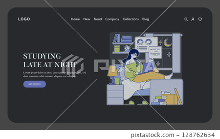 Illustration of a person using a laptop while studying late at night. The room is filled with books and a cozy atmosphere. Perfect for depicting late-night study sessions or remote work. 128762634