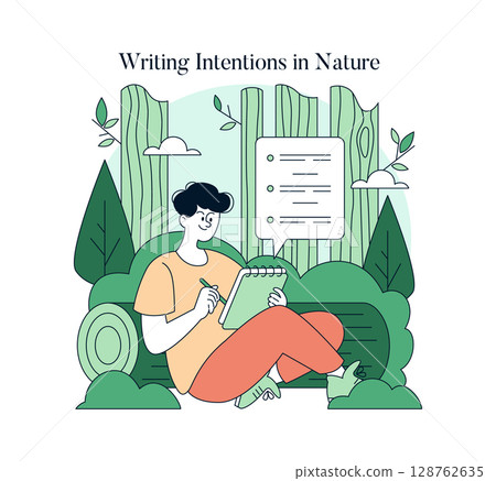 Person sitting in a natural setting writing on a notepad with a serene expression, surrounded by greenery and calm, illustrating leisure and introspection in nature. Vector illustration enhances Person sitting in a natural setting writing on a notepad with a serene expression, surrounded by greenery and calm, illustrating leisure and introspection in nature. Vector illustration enhances 128762635