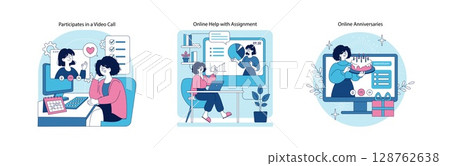 Vector illustration depicting three scenes: a person in a video call with enthusiastic expressions, another receiving online help for an assignment, and a cheerful online anniversary celebration. 128762638
