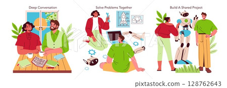 Vector illustration of people engaging in a deep conversation, solving problems together, and building a shared robot project. Depicts teamwork, creativity, and collaboration. 128762643