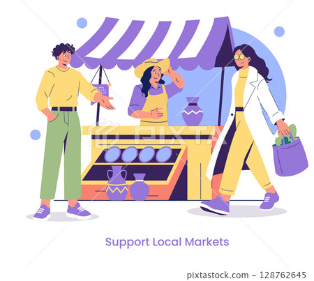 Vector illustration of a vibrant local market scene. A cheerful vendor interacts with a satisfied customer carrying a bag of fresh goods. Another person is enjoying the lively atmosphere. 128762645