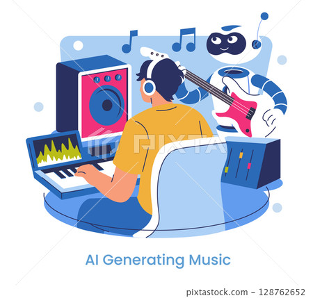 Vector illustration of a man creating music with AI assistance, featuring a robot playing guitar. Depicts innovative collaboration between humans and artificial intelligence in music production. Vector illustration of a man creating music with AI assistance, featuring a robot playing guitar. Depicts innovative collaboration between humans and artificial intelligence in music production. 128762652