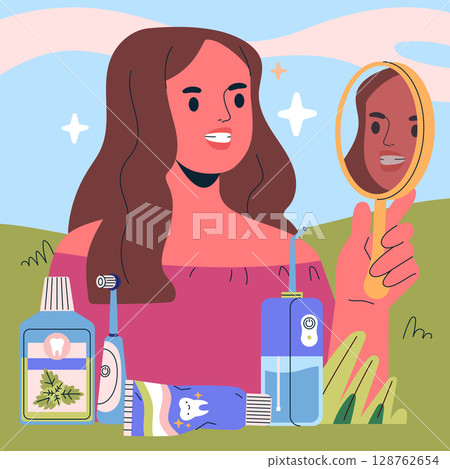 Vector illustration of a woman holding a mirror and examining her teeth. Facial expression shows interest in oral hygiene. Various dental care products are displayed in the forefront. Vector illustration of a woman holding a mirror and examining her teeth. Facial expression shows interest in oral hygiene. Various dental care products are displayed in the forefront. 128762654