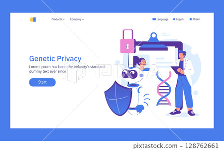 Vector illustration depicting genetic privacy with a robot and person analyzing DNA data. Emphasizes cybersecurity with a shield and locked icon to protect information. 128762661
