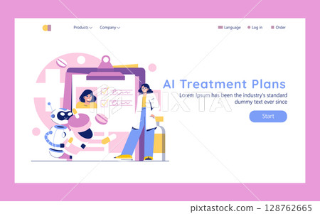 AI in medicine enhances treatment planning and patient care. This illustration features a doctor and robot collaborating on treatment plans, symbolizing innovation in healthcare technology and 128762665
