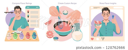 Vector illustration featuring a person comparing ice cream flavors, preparing a custom recipe, and sharing insights online. The scene emphasizes culinary creativity and decision-making. Vector illustration featuring a person comparing ice cream flavors, preparing a custom recipe, and sharing insights online. The scene emphasizes culinary creativity and decision-making. 128762666