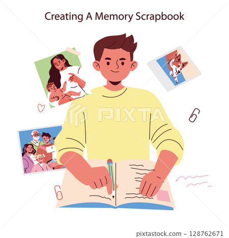 Vector illustration of a person happily creating a memory scrapbook, surrounded by family photos and pet images, capturing cherished moments and emotions of joy. Vector illustration of a person happily creating a memory scrapbook, surrounded by family photos and pet images, capturing cherished moments and emotions of joy. 128762671