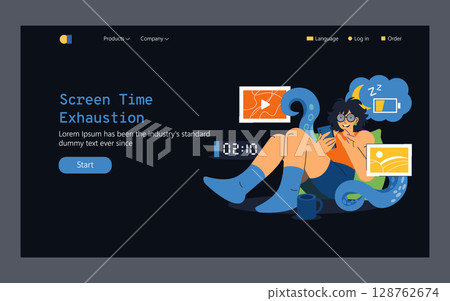 Screen time fatigue is illustrated with a person surrounded by digital elements. The figure displays the impact of excessive screen usage, featuring symbols like battery life and clock. Vector Screen time fatigue is illustrated with a person surrounded by digital elements. The figure displays the impact of excessive screen usage, featuring symbols like battery life and clock. Vector 128762674