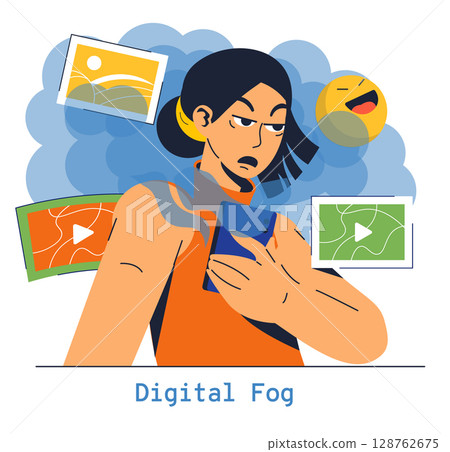 Digital Fog concept. An individual struggles with overwhelming digital content, facing frustration and distraction. The illustration highlights the impact of excessive screen time and information 128762675