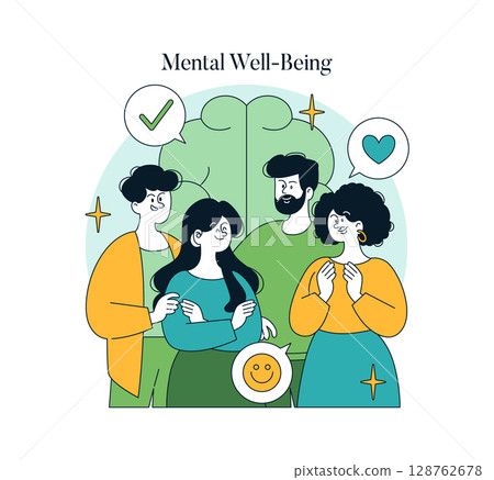 Vector illustration of a supportive group focusing on mental well-being. Four people engage in positive interaction with smiling and comforting gestures, promoting mental health awareness. Vector illustration of a supportive group focusing on mental well-being. Four people engage in positive interaction with smiling and comforting gestures, promoting mental health awareness. 128762678