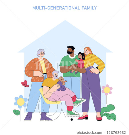 Vector illustration depicting a multi-generational family gathered together, sharing smiles and laughter. Includes adults, children, and elderly members, showcasing diversity and connection. 128762682