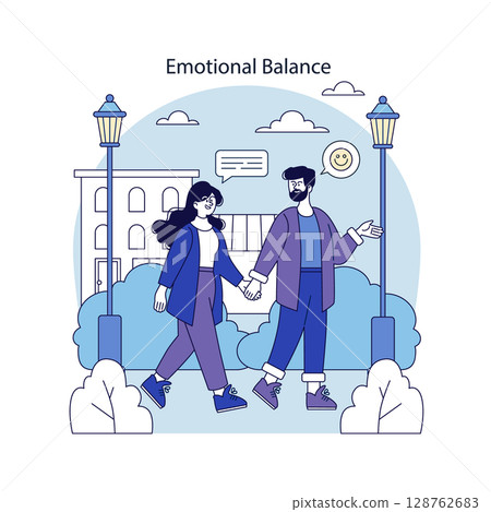 Digital well-being and mental health representation through a couple walking together, nurturing emotional balance. The illustration highlights connection, positivity, and open communication in a Digital well-being and mental health representation through a couple walking together, nurturing emotional balance. The illustration highlights connection, positivity, and open communication in a 128762683