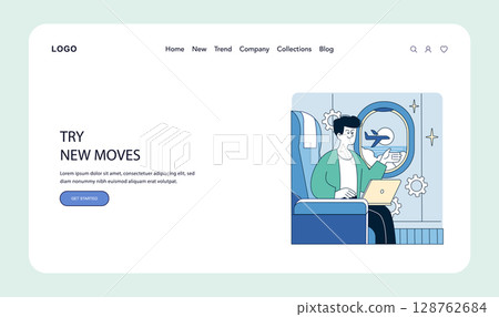 A vector illustration featuring a person sitting in an airplane seat, engaging with a laptop. Visible outside is an airplane through the window, symbolizing travel and connectivity. A vector illustration featuring a person sitting in an airplane seat, engaging with a laptop. Visible outside is an airplane through the window, symbolizing travel and connectivity. 128762684