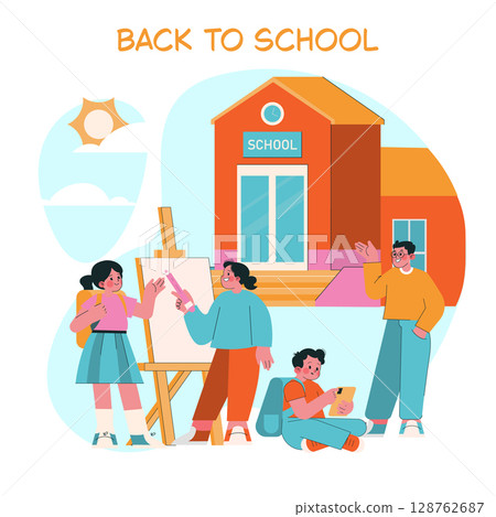 Students engaging in a positive outdoor school activity. A group is seen drawing, sharing, and interacting in front of a school building. Vector illustration emphasizes learning. 128762687