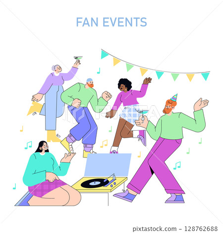 Vector illustration showcasing a lively group of people dancing and celebrating at a music event. Festive atmosphere with colorful outfits and happy expressions enhanced by a record player. 128762688