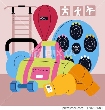 Vector illustration featuring diverse gym equipment including boxing gloves, a punching bag, kettlebell, and dumbbell, symbolizing fitness and workout activities. 128762689