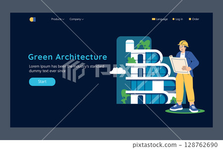Sustainable Urban Development concept. Eco-friendly architecture with integrated green spaces. Urban planner designing futuristic eco buildings. Vector illustration. 128762690