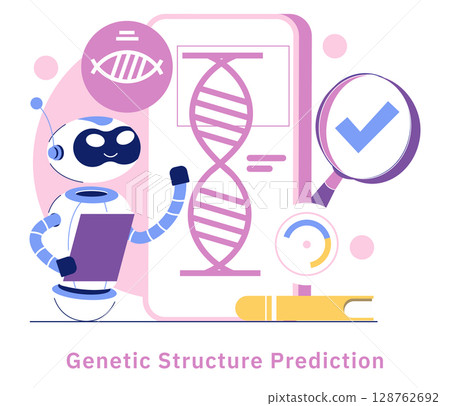 AI in medicine enhances genetic structure prediction through innovative technologies. A robot analyzes DNA patterns, demonstrating the integration of artificial intelligence in healthcare advancements AI in medicine enhances genetic structure prediction through innovative technologies. A robot analyzes DNA patterns, demonstrating the integration of artificial intelligence in healthcare advancements 128762692