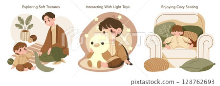 Vector illustration of children exploring soft textures, interacting with light toys, and enjoying comfortable seating. Characters display curiosity, playfulness, and relaxation. Vector illustration of children exploring soft textures, interacting with light toys, and enjoying comfortable seating. Characters display curiosity, playfulness, and relaxation. 128762693