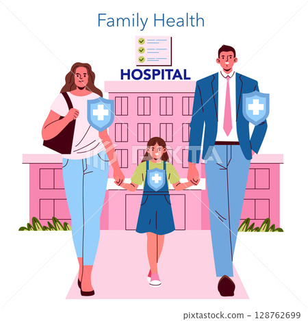 Family walking towards hospital, illustrating family health and medical safety. Parents hold a child hand, symbolizing care and support, enhanced by shield icons. Family walking towards hospital, illustrating family health and medical safety. Parents hold a child hand, symbolizing care and support, enhanced by shield icons. 128762699