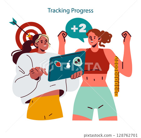 Personal Trainer concept. Fitness coach checks progress on a tablet with a client celebrating improvement, digital tracking for goals, healthy routine support, group training session. Vector Personal Trainer concept. Fitness coach checks progress on a tablet with a client celebrating improvement, digital tracking for goals, healthy routine support, group training session. Vector 128762701