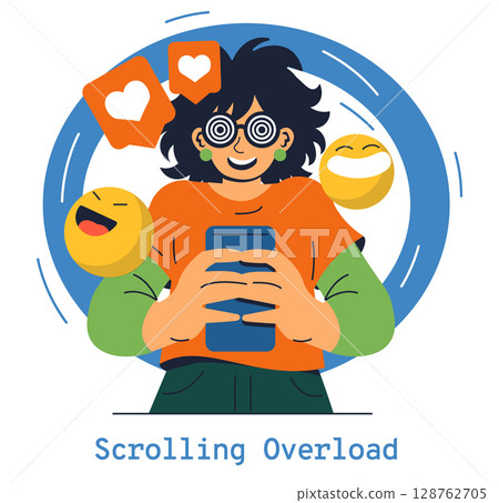 Scrolling Overload concept. Impact of excessive social media use on mental focus. Engaging with overwhelming emotions and visual stimulus in a digital landscape. Vector illustration. 128762705