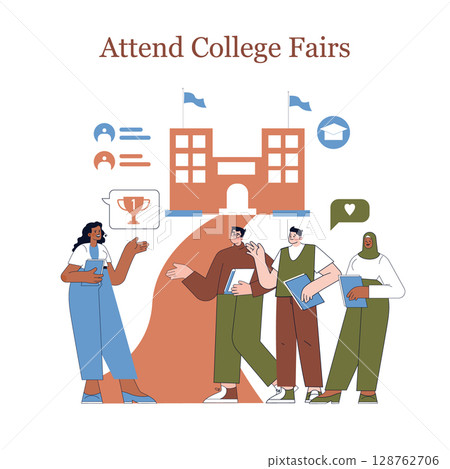 College choice exploration through fairs and interactions. Students engage with representatives, discover opportunities, and make informed decisions for their educational journeys. Vector illustration College choice exploration through fairs and interactions. Students engage with representatives, discover opportunities, and make informed decisions for their educational journeys. Vector illustration 128762706