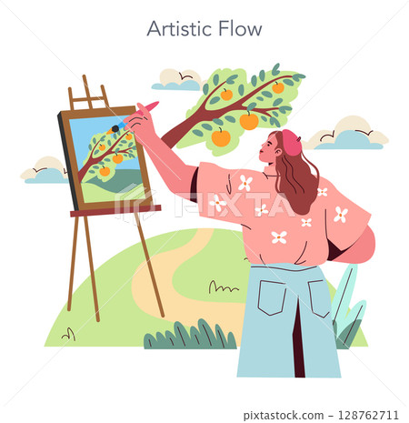 Artistic Inspiration concept. Woman painting a lively orchard landscape on an easel, capturing the essence of nature with each brush stroke. Vector illustration. 128762711