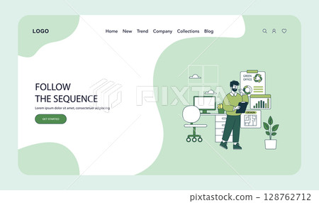 Vector illustration of a modern sustainable office with an employee holding a tablet, observing eco-friendly elements like recycling symbols and plants, wearing a positive expression. Vector illustration of a modern sustainable office with an employee holding a tablet, observing eco-friendly elements like recycling symbols and plants, wearing a positive expression. 128762712