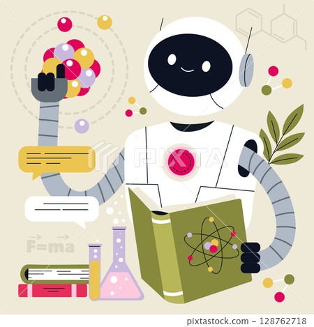 Cheerful robot engaging with chemistry concepts, holding a book and interacting with molecules. Vector illustration depicts scientific exploration and learning enthusiasm. 128762718