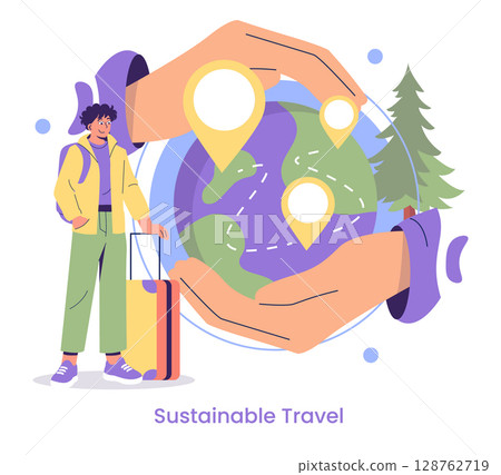 Vector illustration of a traveler with a suitcase promoting sustainable travel. Hands cradle the globe with location pins, highlighting eco-friendly tourism and environmental conservation. 128762719