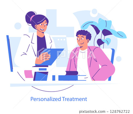 Vector illustration of a healthcare professional discussing personalized treatment with a patient. Both exhibit positive body language suggesting a collaborative and supportive atmosphere. 128762722