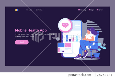 Mobile health app interface featuring a young woman seated, engaged with digital health analytics on screen. Vector illustration highlighting modern technology and user interaction. 128762724
