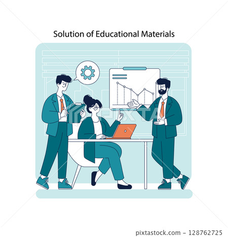Vector illustration showing a team of three professionals engaged in an educational materials solution meeting. They interact with charts, graphs, and a laptop in a collaborative office setting. 128762725