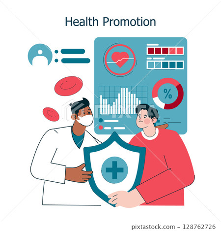 International Nurses Day celebration emphasizing health promotion. The illustration shows healthcare professionals discussing patient care and well-being through data analysis and teamwork. Vector 128762726