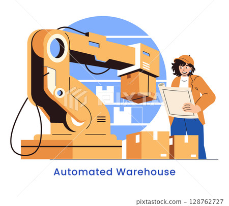 Future Of Delivery concept. Robotic arm organizes packages in a smart warehouse while an operator supervises logistics using digital inventory plan. Efficient solutions for faster, reliable shipping 128762727