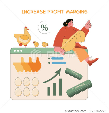 Egg Farm illustration focusing on profit optimization. The design features a person analyzing data with chickens and eggs. Aimed at the poultry industry, promoting growth and efficiency. Vector Egg Farm illustration focusing on profit optimization. The design features a person analyzing data with chickens and eggs. Aimed at the poultry industry, promoting growth and efficiency. Vector 128762728