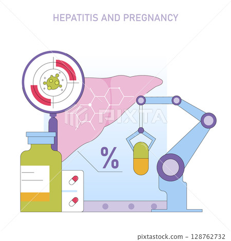 Vector illustration depicting hepatitis and pregnancy, featuring a liver, virus magnification, pills, and a robotic arm. Highlights healthcare aspects related to liver and maternal health. Vector illustration depicting hepatitis and pregnancy, featuring a liver, virus magnification, pills, and a robotic arm. Highlights healthcare aspects related to liver and maternal health. 128762732