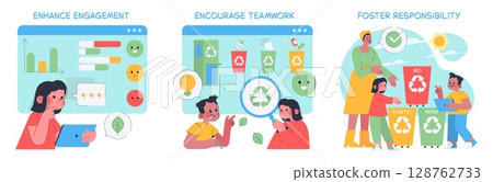 Vector illustration showing children learning about recycling and environmental responsibility. Encouragement of teamwork and sustainable habits through playful activities. Vector illustration showing children learning about recycling and environmental responsibility. Encouragement of teamwork and sustainable habits through playful activities. 128762733