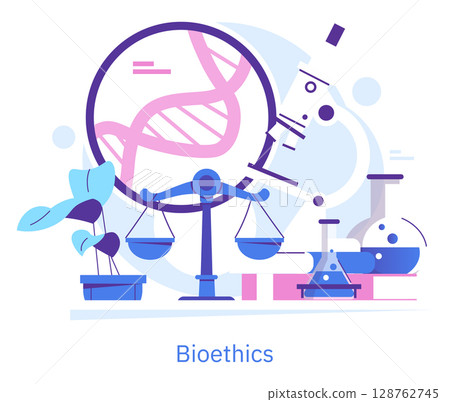 Vector illustration depicting the concept of bioethics with symbols like DNA strand, balance scales, microscope, plant, and laboratory equipment, representing ethical issues in biology. 128762745