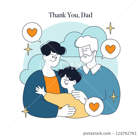 Vector illustration of a heartwarming scene of a family embracing with a thank you dad message. Features a child expressing gratitude and love through a hug. 128762761